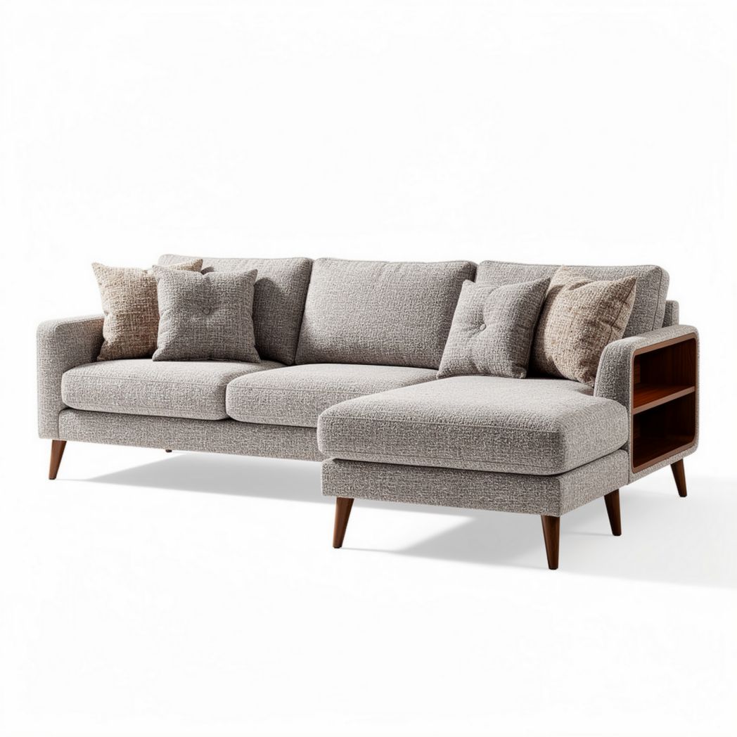 Sectional sofa with wooden frame and soft fabric upholstery in grey 200 x 90 x 85cm