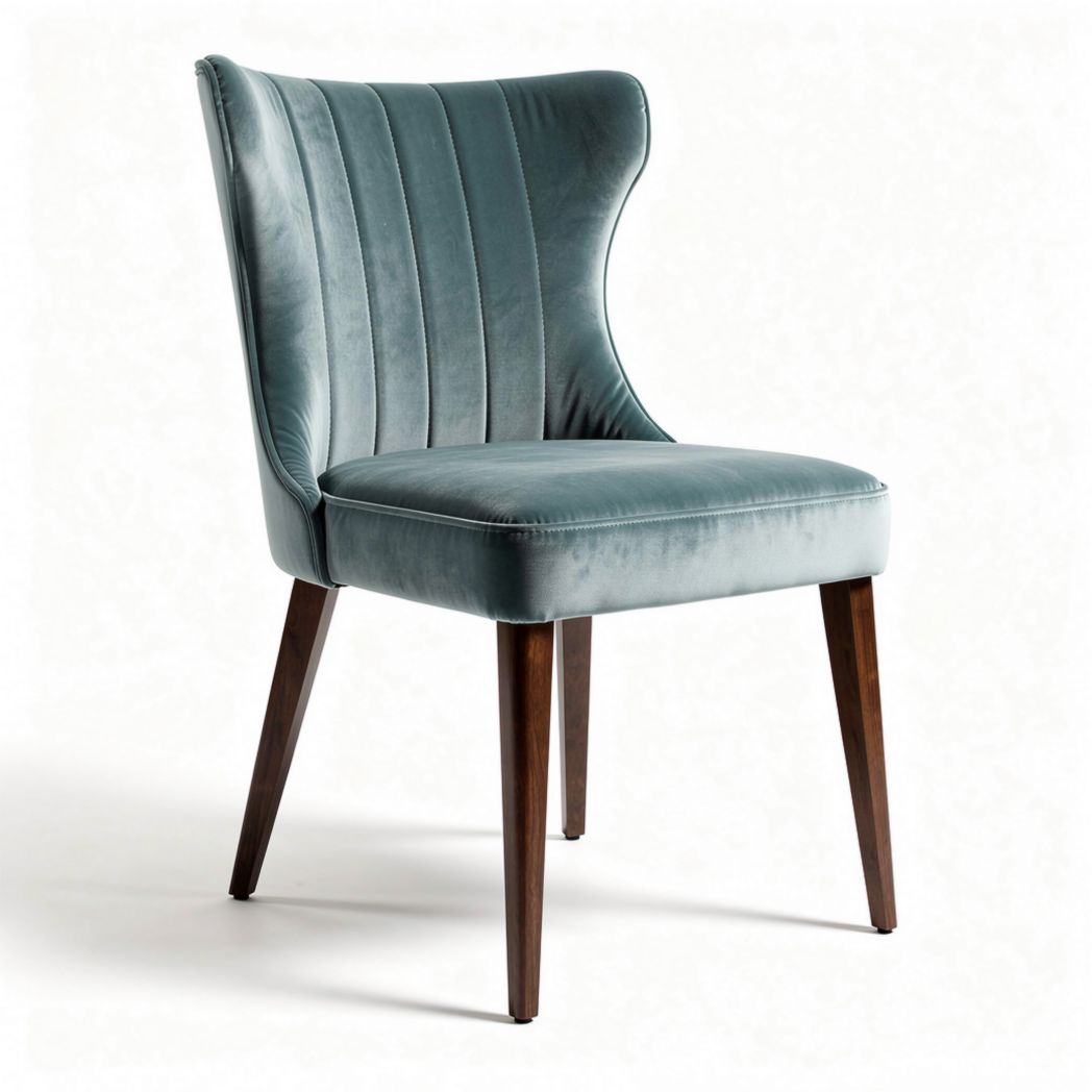 Velvet dining chair in teal with wooden legs and ribbed design 45 x 50 x 90cm