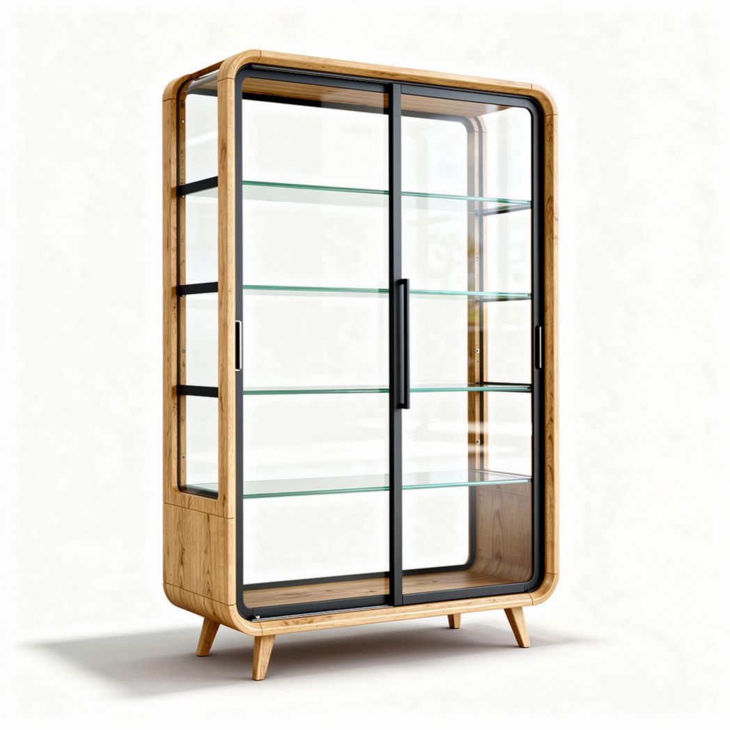 Glass display cabinet with wooden frame and adjustable shelves 90 x 40 x 180cm
