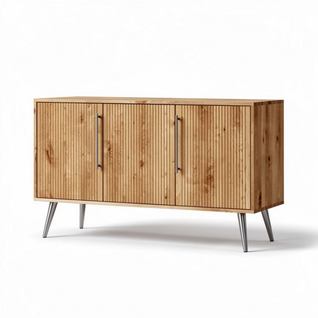 Wooden sideboard with ribbed design and metal legs 120 x 40 x 75cm
