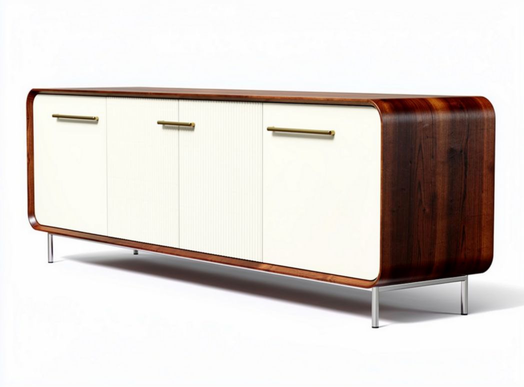 Mid-century modern sideboard cabinet in walnut and white finish 200 x 50 x 80cm