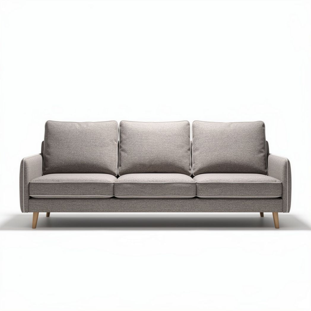 Gray fabric three-seater sofa with wooden legs dimensions 200 x 90 x 85cm