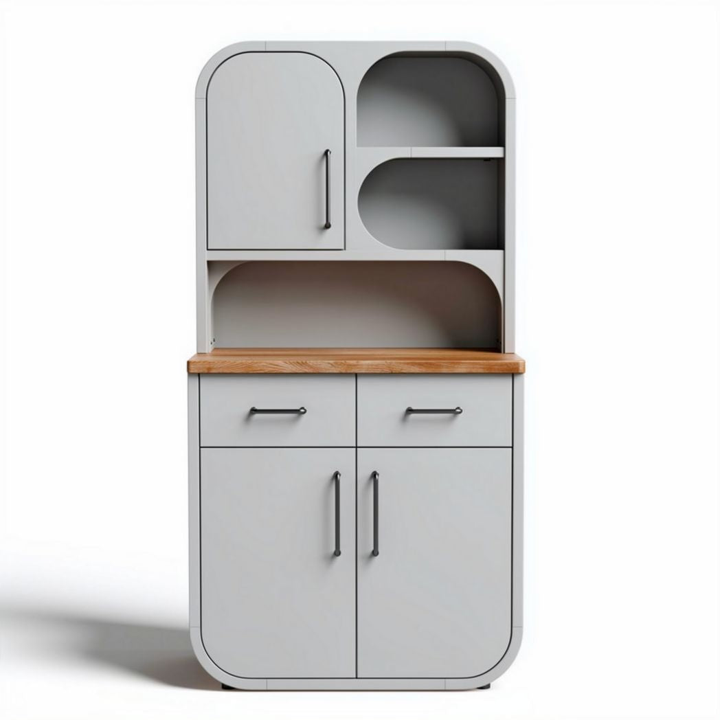 Grey kitchen storage cabinet with wood top shelves and drawers 80 x 40 x 120cm