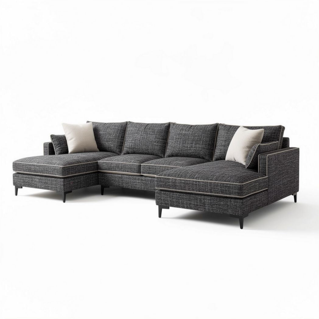 Fabric sectional sofa in dark gray with two accent pillows 250 x 100 x 90cm