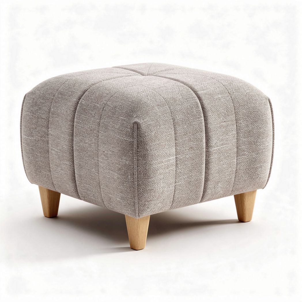 Fabric upholstered ottoman with wood legs in light gray 60 x 60 x 40cm
